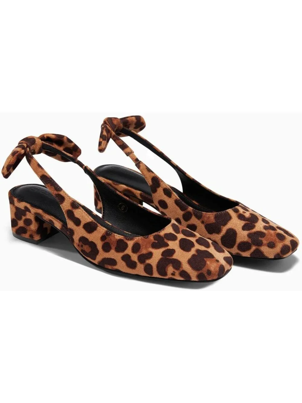 Women's Leopard Faux Suede Chunky Low Heel Bow Slingback Closed Square Toe Pumps